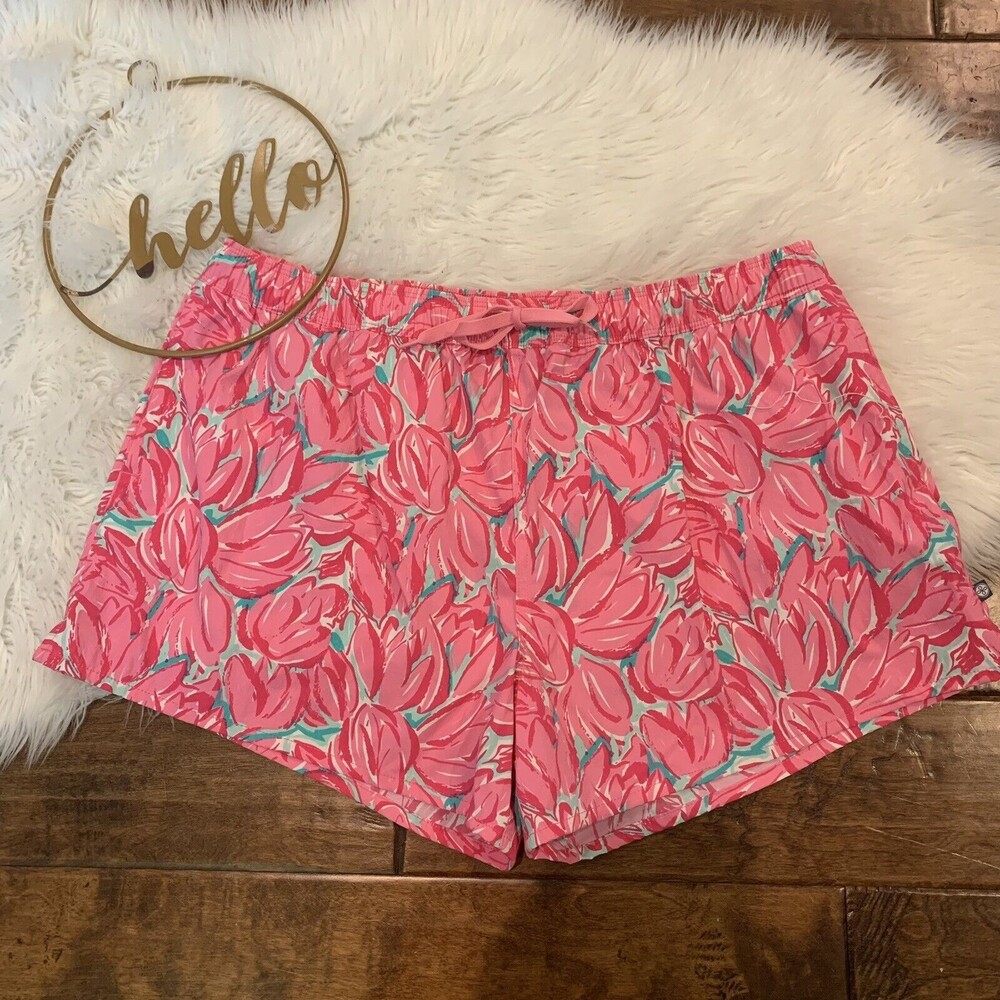 Lauren James Womens Shorts Pink Green Floral Print Size XL Tie Waist Poc…
